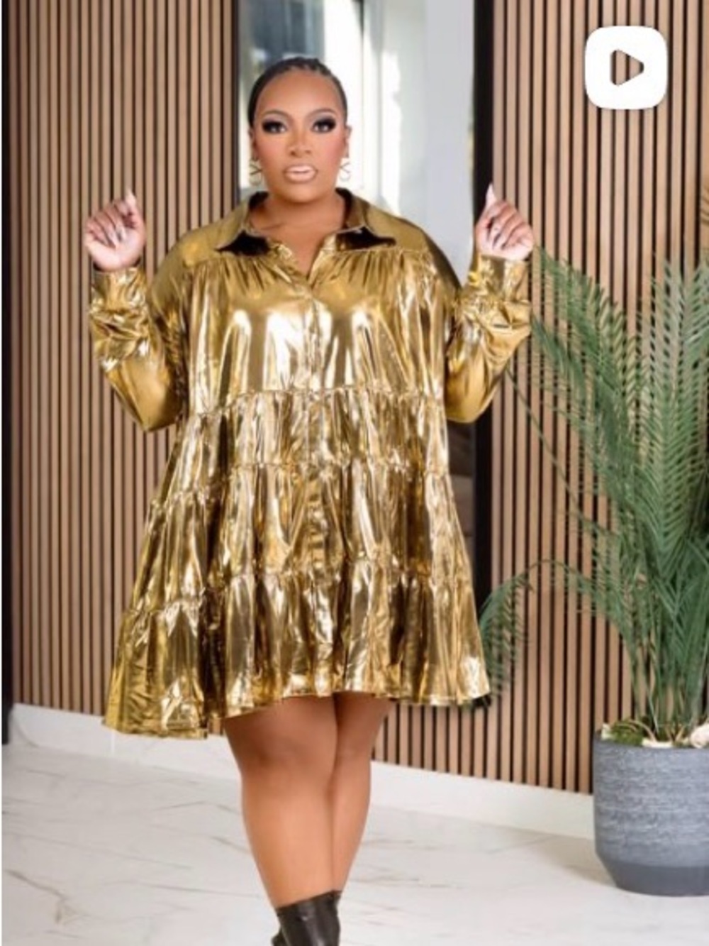 Plus Size Gold Metallic Tiered Shirt Dress - Women